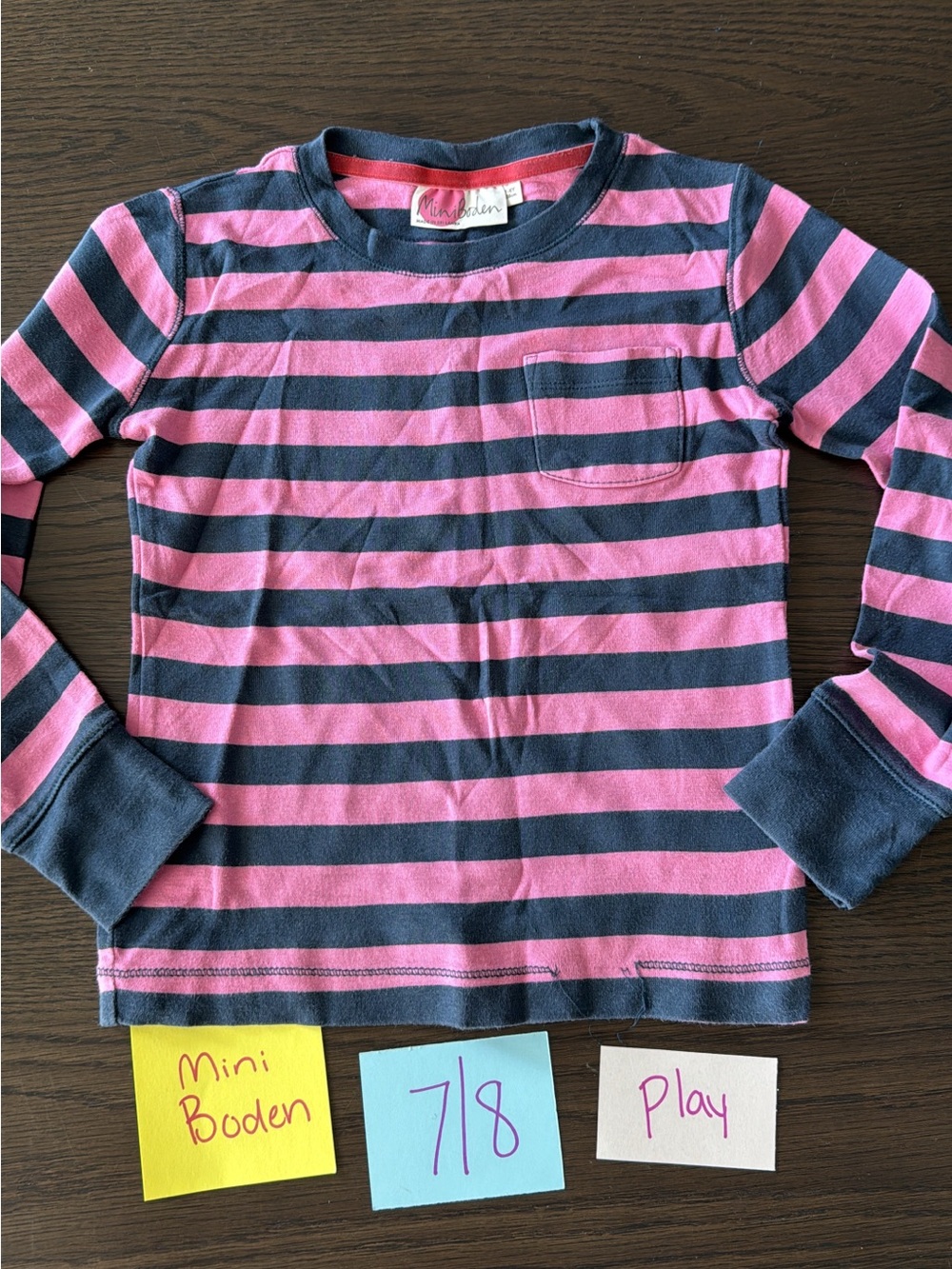 Mini Boden Girls' Pink & Navy Stripe Long-Sleeve Tee 7/8